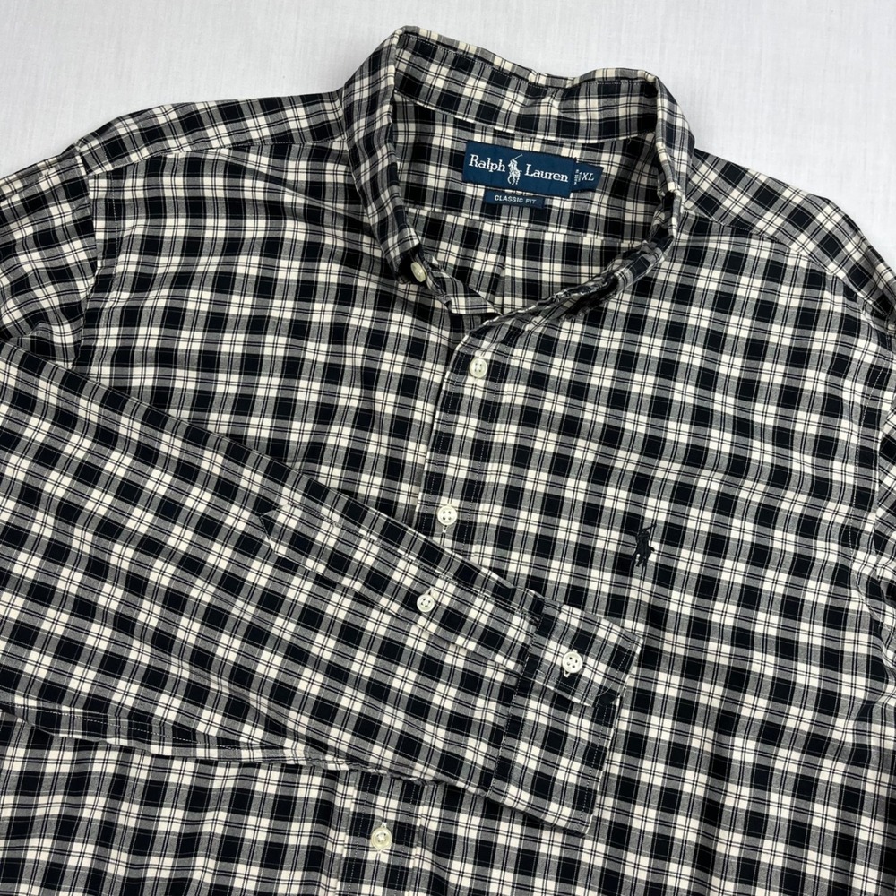 Ralph Lauren EUC Button Down Men's XL Black White Plaid Classic Fit Shirt Cotton